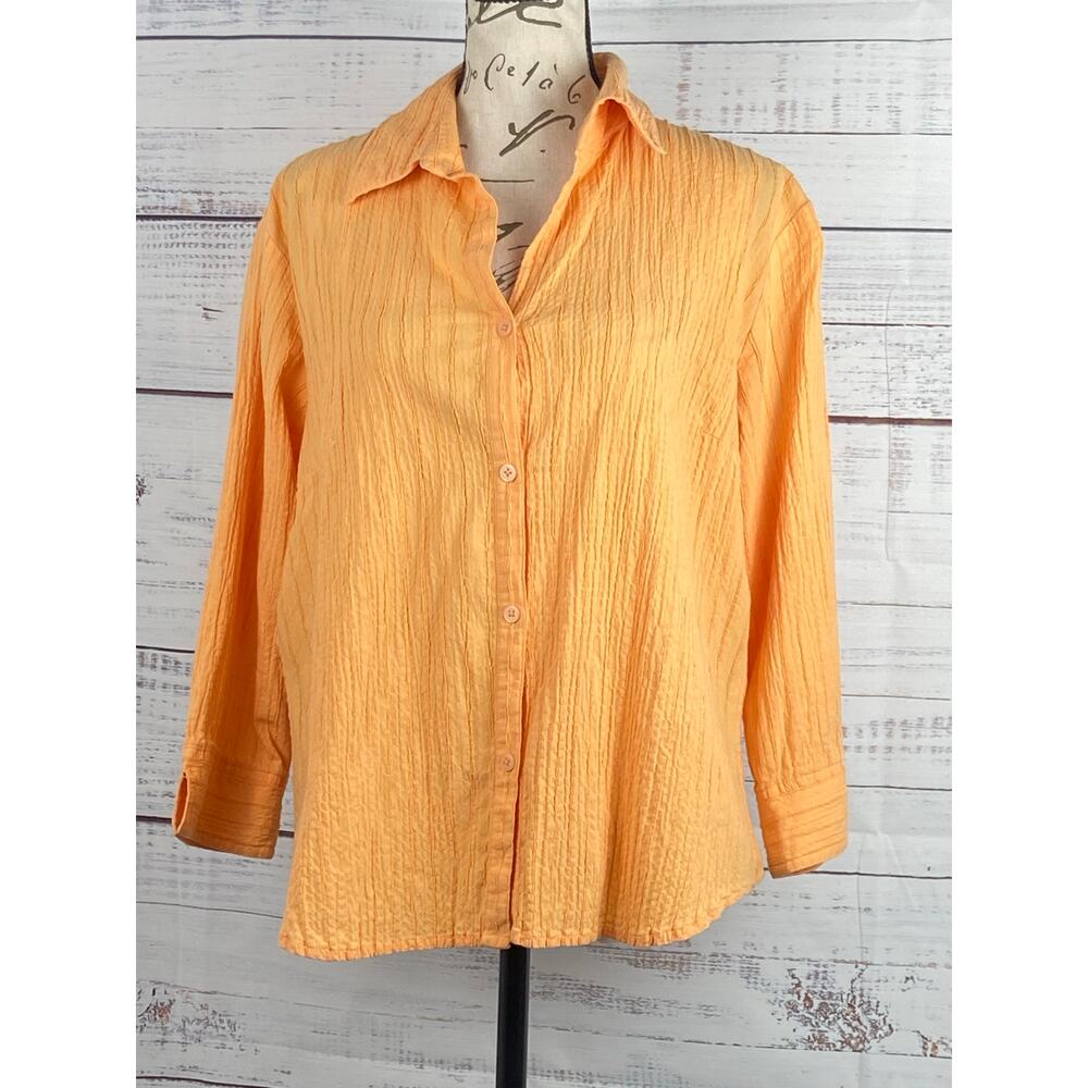 Talbots Textured Button Front Shirt Womens S Orange Vintage Cotton Stretch